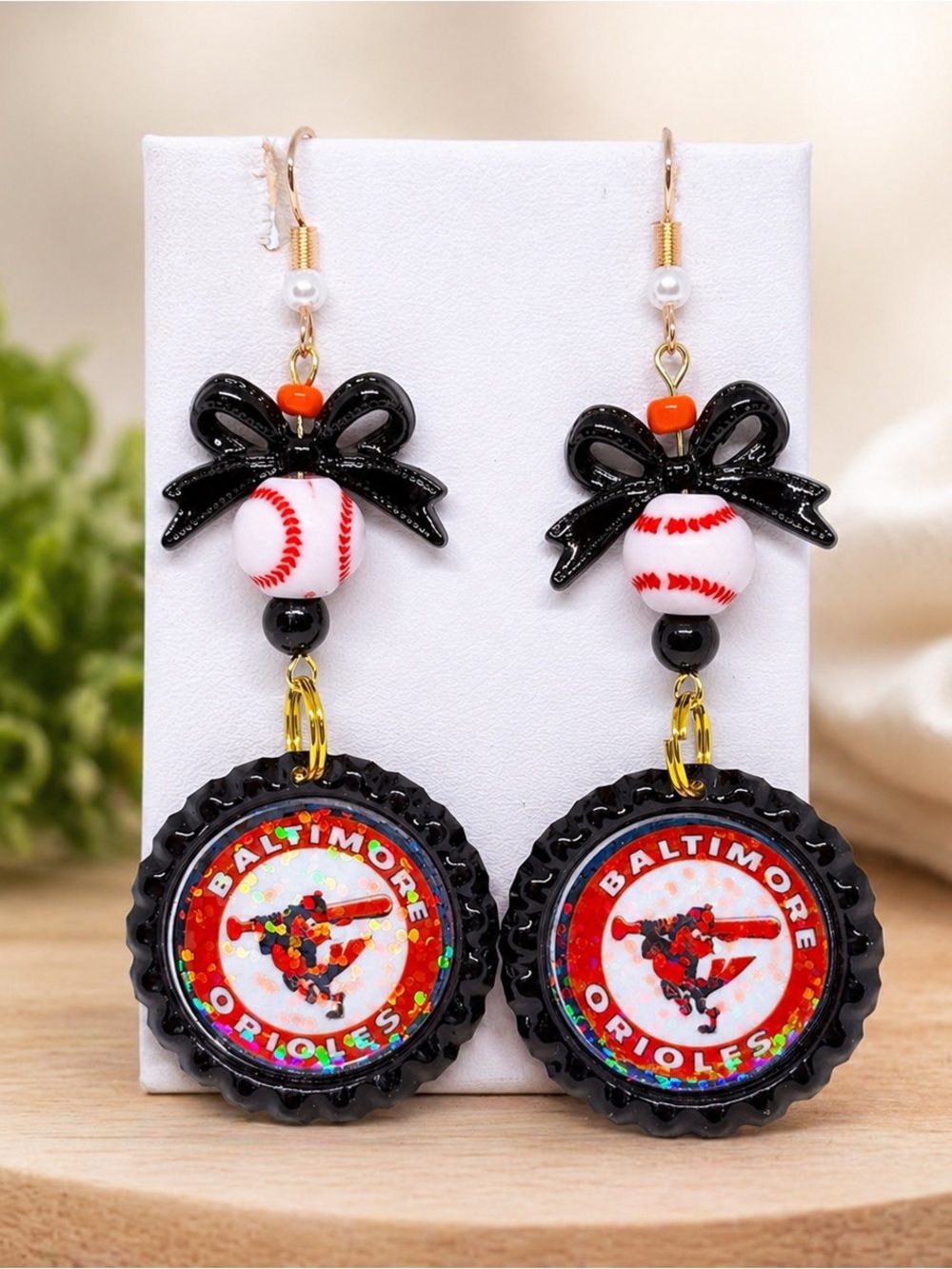 Baltimore Orioles Inspired Baseball Bottlecap Dangle Earrings - Black & Orange